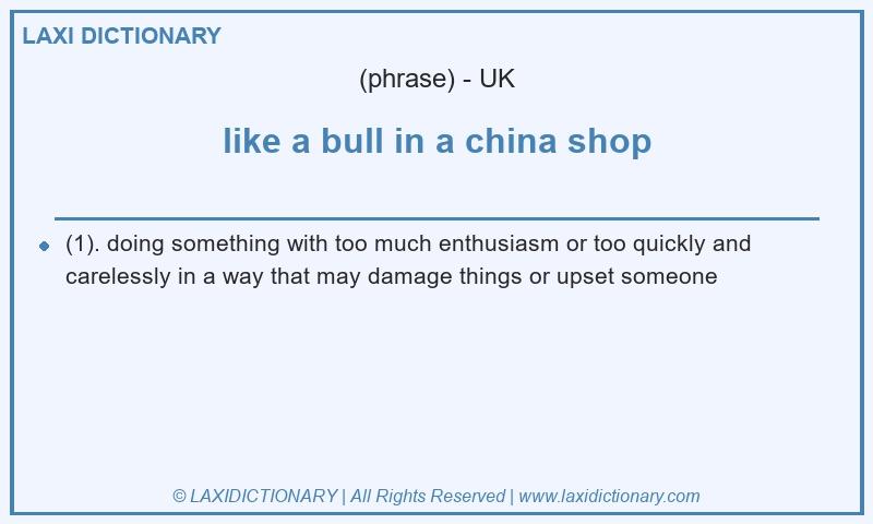 Definition like a bull in a china shop in British English
